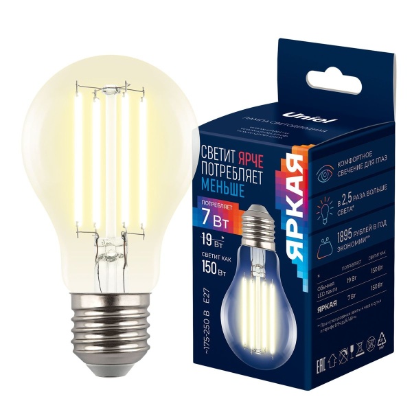 Лампа светодиодная Uniel E27 7W 3000K прозрачная LED-A60-7W/3000K/E27/CL GLY01TR UL-00011934