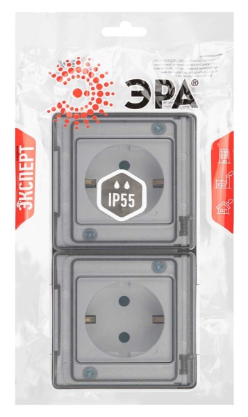 Розетка ЭРА Эксперт 11-2504-01 двойная с заземлением 2х2P+E горизонт IP55 шторки 16A-250В ОУ белый Б0063262