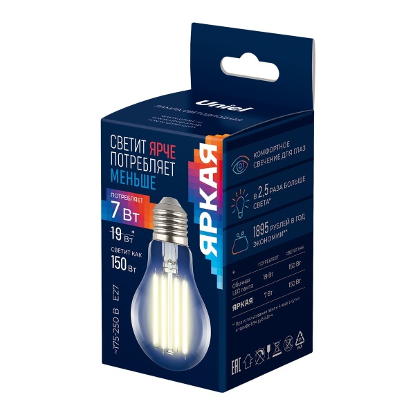 Лампа светодиодная Uniel E27 7W 3000K прозрачная LED-A60-7W/3000K/E27/CL GLY01TR UL-00011934