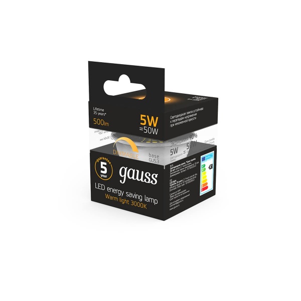 Лампа светодиодная диммируемая Gauss GU5.3 5W 3000K матовая 101505105-D