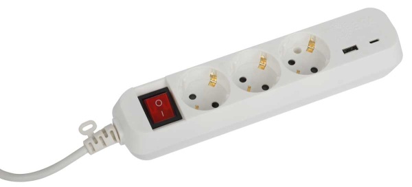 Удлинитель электрический ЭРА UB-3es-3m-USB c заземлением с выключателем 3 розетки + 1xUSBA+1xUSBC 3м 10А Б0052898