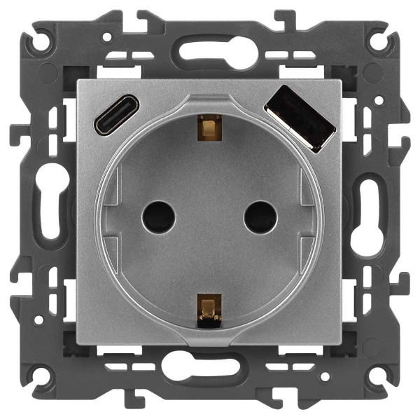 Розетка ЭРА Elegance 14-4108-03 2P+E 16A-250В со шторками с USB type-A+C 5В-3А алюминий Б0067741