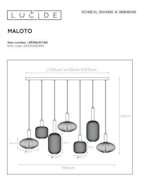 Подвесная люстра Lucide Maloto 45386/07/62 Подвесная люстра Lucide Maloto 45386/07/62