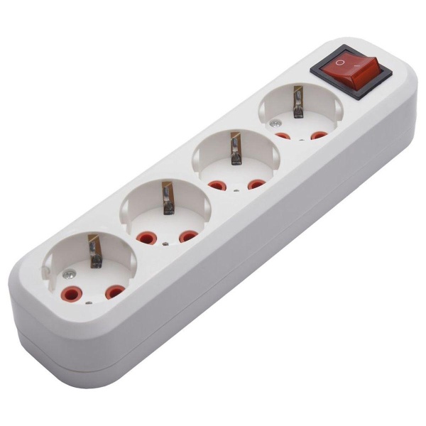 Розетка (колодка) переносная разборная 4-местная с/з Stekker, PST16-410-20, с выключателем, 250В, 16A, IP20, белый 39015