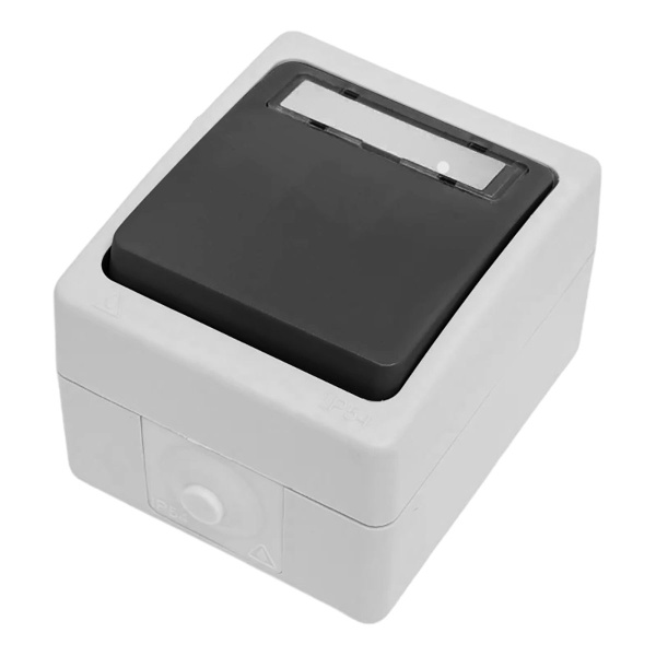 Выключатель 1-клавишный с окном для маркировки самовозвратный Stekker, PSW10-114-54, открытой установки, 250В, 10А, IP54, серый/графит 49723