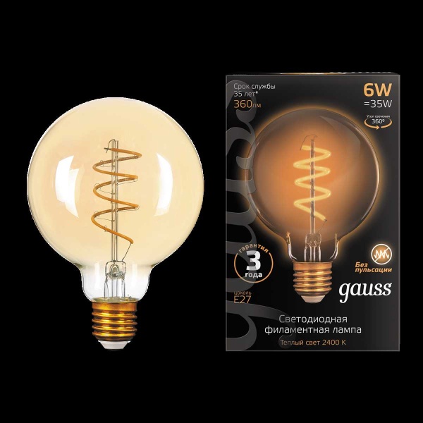 Лампа светодиодная филаментная Gauss E27 6W 2400K золотая 105802007