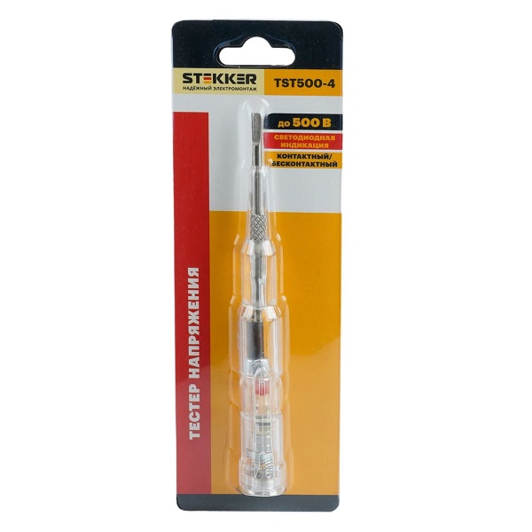 Тестер напряжения контактный/бесконтактный до 500 В, прозрачный (батарейки в комплекте) TST500-4 50528