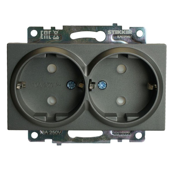 Розетка двойная 2P+PE Stekker Катрин со шторками графит GLS16-7114-06 49425