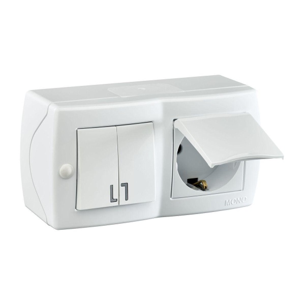 Выключатель - розетка Mono Electric Octans IP20 двухклавишный - 2К+З с крышкой белый 104-010101-187 Выключатель - розетка Mono Electric Octans IP20 двухклавишный - 2К+З с крышкой белый 104-010101-187