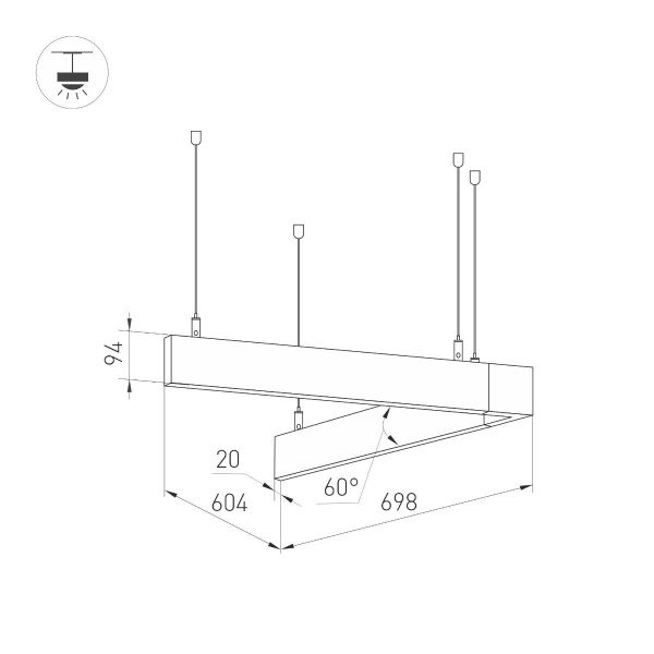 Подвесной светодиодный светильник Arlight ALT-LINEAIR-ANGLE-60-FLAT-UPDOWN-DIM-700x605-55W Warm3000 035702