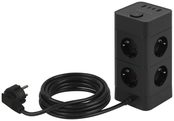 Сетевой фильтр ЭРА TWR-8es-1,5m-4USB-B башня с защитой заземлением с выключателем 8 розеток+4xUSBA+C 1,5м 16А черный Б0069072