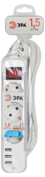 Удлинитель электрический ЭРА U-3es-1,5m-USB c заземлением с выключателем 3 розетки + 3xUSBA 1,5м 10А Б0052900