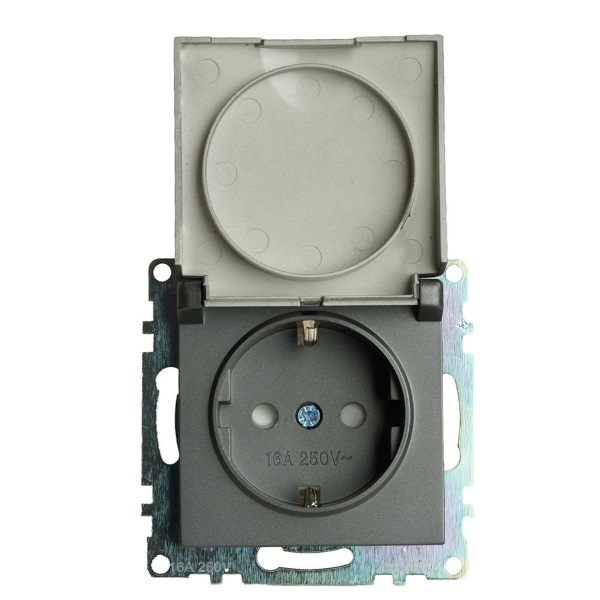 Розетка 2P+PE Stekker Катрин со шторками крышкой графит GLS16-7112-06 49424