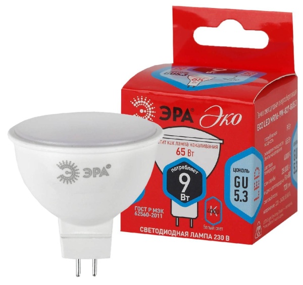 Лампа светодиодная ЭРА GU5.3 9W 4000K матовая ECO LED MR16-9W-840-GU5.3 Б0032973