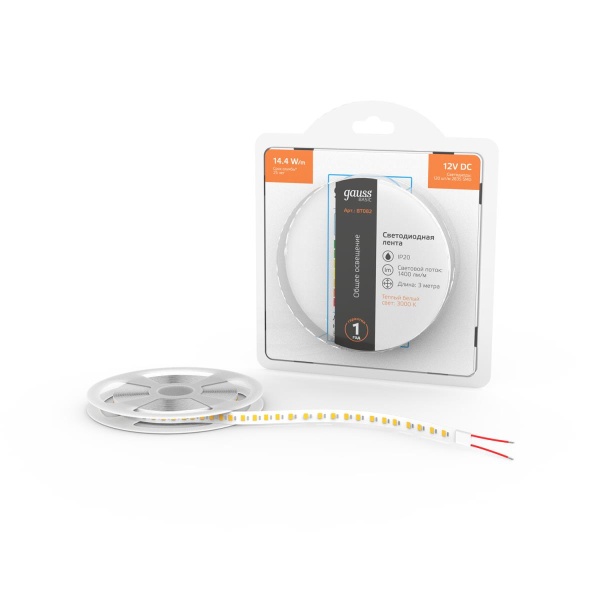 Светодиодная лента Gauss 14,4W/m 120LED/m 2835SMD теплый белый 3M BT082