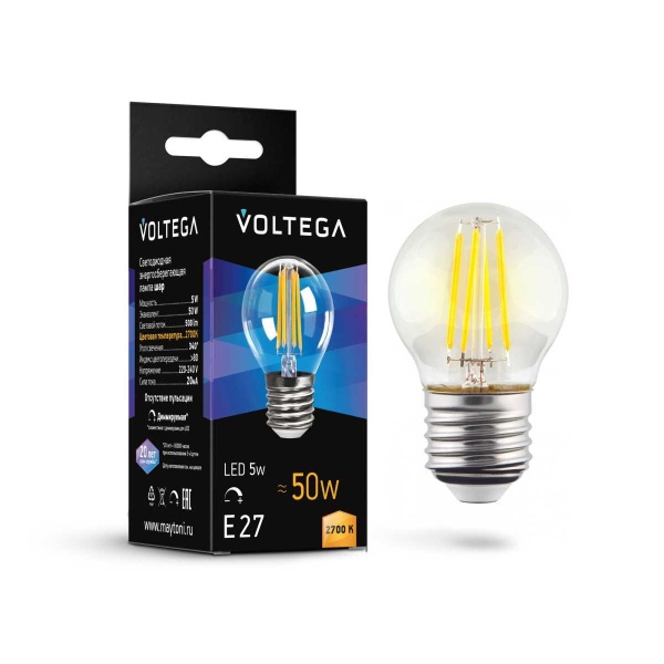 Лампа светодиодная диммируемая Voltega E27 5W 2700K прозрачная 7201
