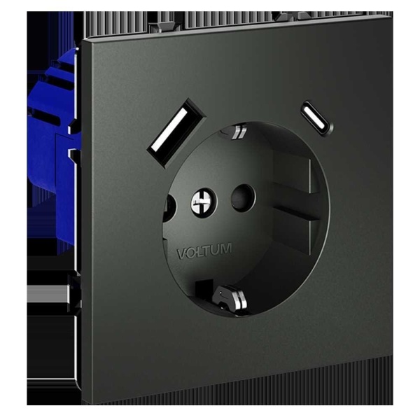 Розетка встраиваемая Voltum S70 с заземлением и защитными шторками, 16А, с USB, A+С, (титан) VLS040506