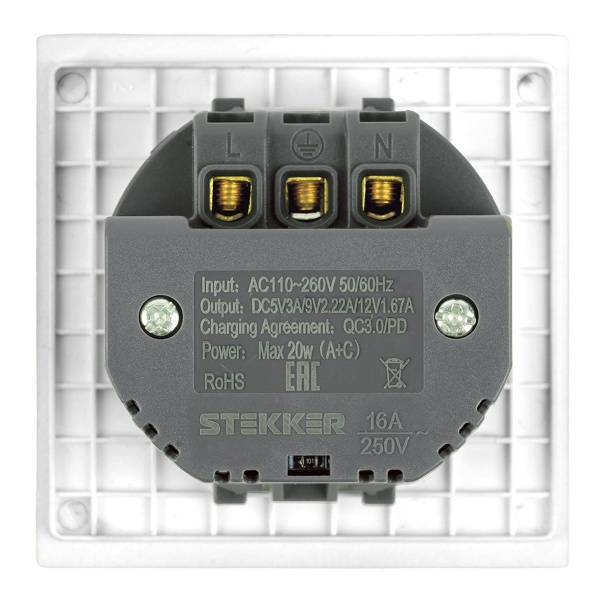 Розетка 1-местная з/ш с/з 16А + USB + Type C (механизм) Stekker 250В 20W Мия RST16-3119-01 белая магнолия 50438