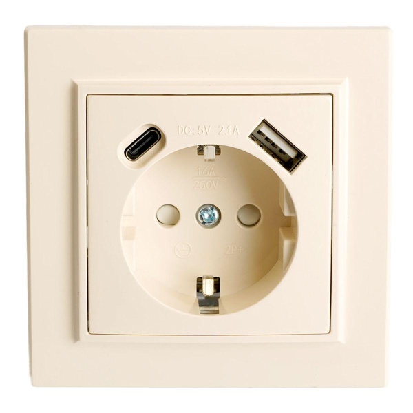 Розетка 1-местная с/з Stekker, PST16-9016-02, 250В, 16А с USB+ type C Эрна, слоновая кость 50077