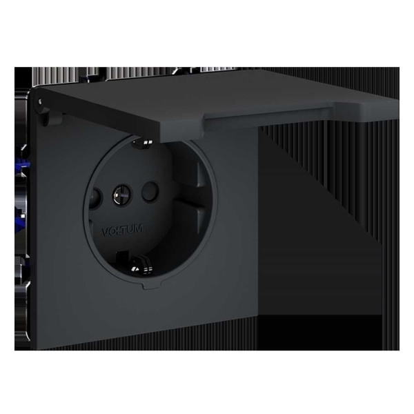 Розетка встраиваемая Voltum S70 с заземлением, защитными шторками и крышкой 16А, (графит) VLS040307