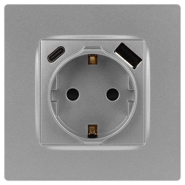 Розетка ЭРА Серия 12 12-4108-03 2P+E 16A-250В со шторками с USB type-A+C 5В-3А алюминий Б0067716