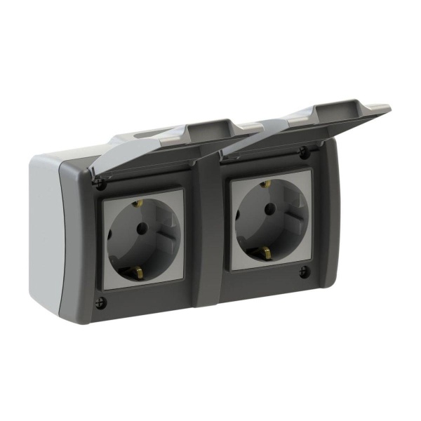 Розетка 2К+З двойная Mono Electric Octans IP54 16A 250V с крышкой винтовое подключение бело-серый 154-020007-120 Розетка 2К+З двойная Mono Electric Octans IP54 16A 250V с крышкой винтовое подключение бело-серый 154-020007-120