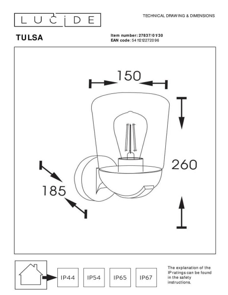 Уличный настенный светильник Lucide Tulsa 27837/01/30