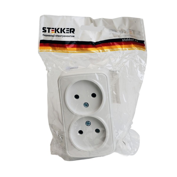 Розетка накладная 2-местная б/з Stekker, PST10-502-20, пластик АВS, 250В, 16А, IP20 Basic, белый 50075
