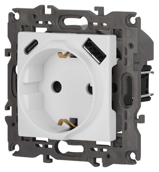 Розетка ЭРА Elegance 14-4108-01М 2P+E 16A-250В со шторками с USB type-A+C 5В-3А белый матовый Б0067710